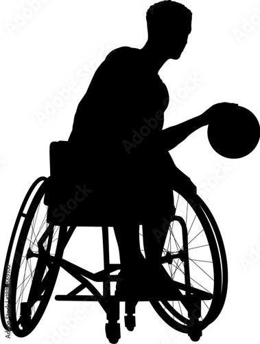 Silhouette of male athlete man in sports wheelchair basket baller basketball player.