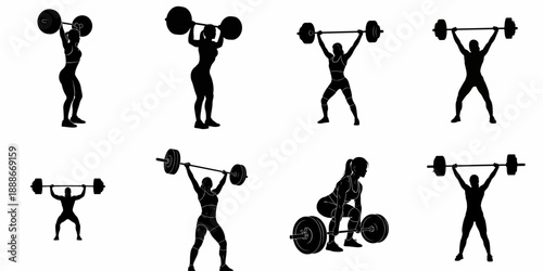 Weightlifting and Powerlifting Silhouettes Set: Collection of Black Icons Representing Olympic Lifts, Snatch, Clean and Jerk, and Strength Training Exercises.