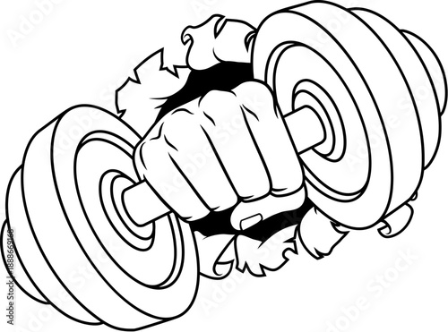 A cartoon fist hand holding weight lifting dumbbell gym illustration.