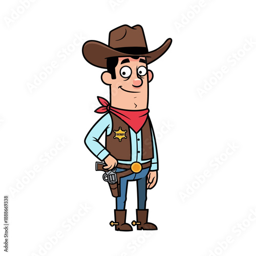 Cartoon Sheriff Cowboy with Gun and Sheriff Badge