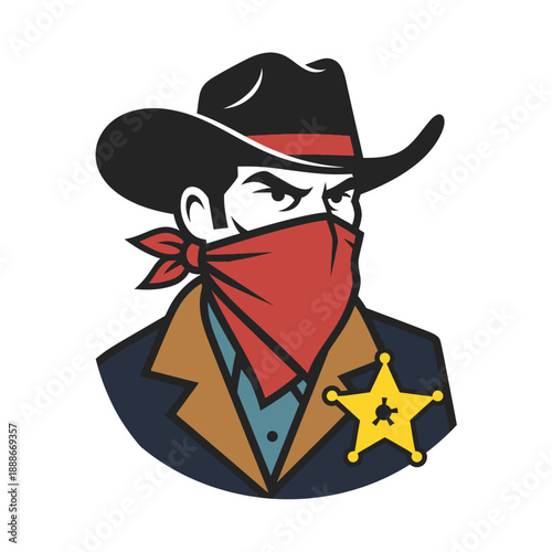 Retro Cowboy Character with Sheriff Badge and Red Bandana