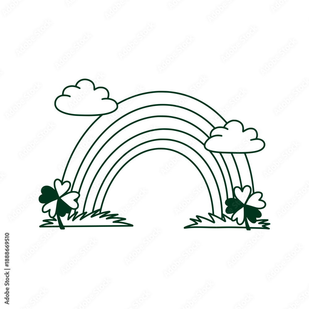 Naklejka premium Hand drawn green rainbow with shamrocks, clovers and clouds. Minimalist St. Patrick's Day line art illustration for festive design and greeting cards. Doodle Irish rainbow.