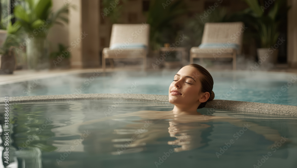 Fototapeta premium Relaxed woman floating in serene spa pool with steam and lounge chairs