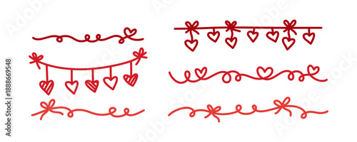 Red line art set of romantic dividers, borders, and garlands with hearts and bows. Decorative hand-drawn elements for love letters and Valentine designs. Romantic doodle borders and dividers.