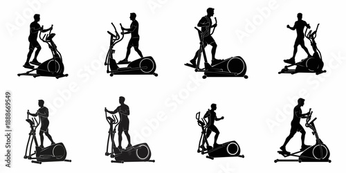 Silhouettes of men exercising on elliptical cross trainers, demonstrating a full body cardio workout routine set for fitness and gym design.