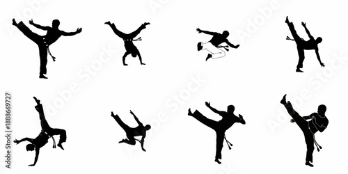 Collection of black vector silhouettes illustrating men performing various acrobatic and fighting movements characteristic of Capoeira martial art on a white background.