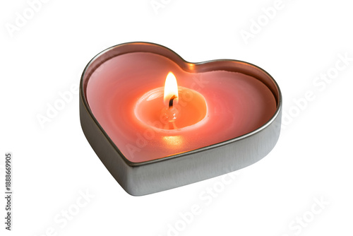 Lit Heart-Shaped Candle in Metal Tin with Warm Glow in Romantic Ambiance for Spa and Wellness