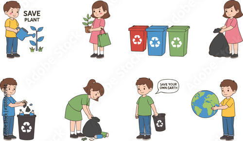 Kids saving environment vector set with recycling planting waste sorting and eco friendly activities isolated