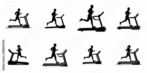 Black Silhouette Set of People Running on Treadmills - Gym Workout and Fitness Exercise Icons and Graphics Collection