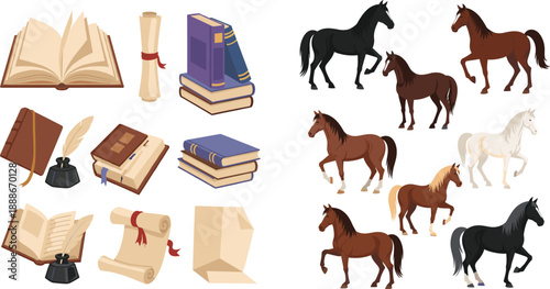 Books manuscripts and horse illustrations vector set with literature education scrolls and animal poses isolated