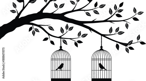 Elegant black silhouette tree branch with hanging bird cages and birds expressing freedom captivity concept minimalist vector illustration for design