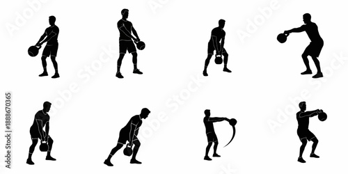 Man Kettlebell Swing Exercise Silhouettes Set. Fitness Workout Sequence Diagram. Weight Training Steps Vector Illustration.