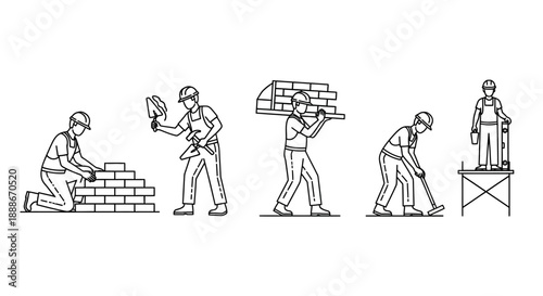 Bricklayer Working Process Line Art Vector Icons. Construction Worker Building Brick Wall Outline Set.