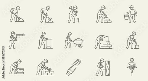 Construction Worker Icons Set. Line Art Vector Illustrations of Building Process, Masonry, Labor, Tools (Shovel, Jackhammer, Bricklayer, Wheelbarrow).