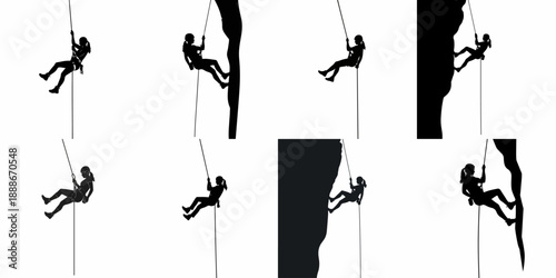 Eight vector silhouettes of a woman rappelling and abseiling down rocks and ropes, depicting extreme outdoor adventure sports.