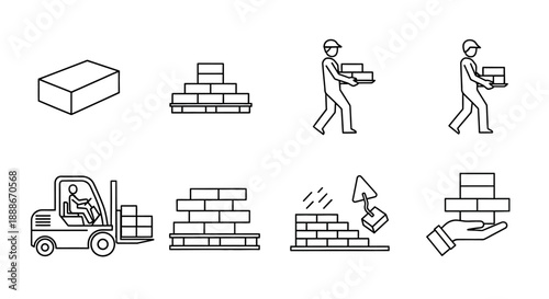 Brickwork and Construction Line Icons Set. Building Materials, Mason Worker, Forklift Logistics, and Wall Laying Outline Pictograms.