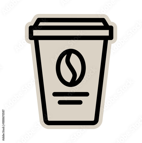 Coffee paper cup, takeaway mug scrapbook sticker: hand drawn doodle of disposable coffee cup with lid and bean logo for cafe, to-go drink, latte, cappuccino, breakfast, morning, mocha