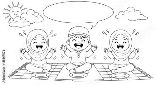 Happy Muslim Children Celebrating Eid Joyfully on Prayer Rugs with Food for Festive Family Gatherings