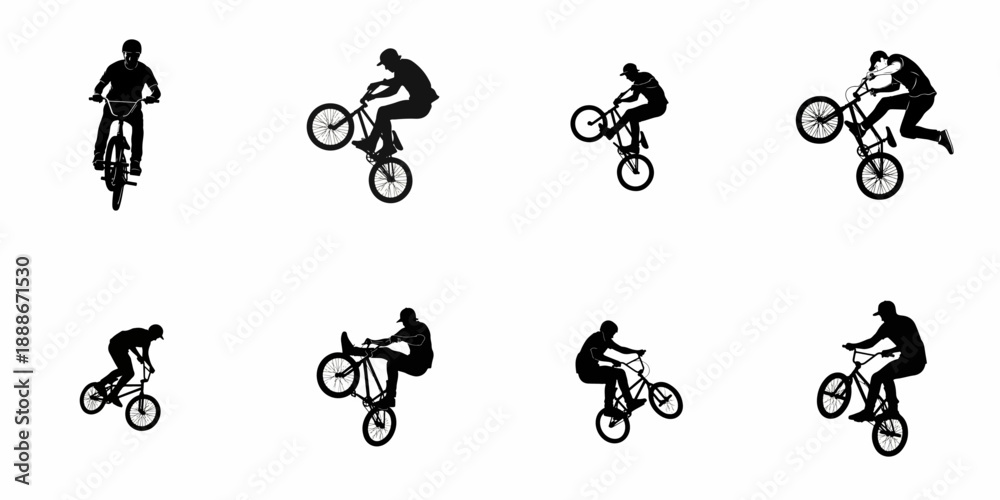 Fototapeta premium Set of BMX rider silhouettes performing extreme cycling tricks, including manuals and jumps, isolated black and white vector icons.