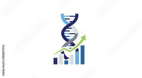 A graphic illustration depicts a DNA double helix intertwined with a rising bar graph and an upward-pointing arrow, symbolizing growth and scientific advancement on a clean white background.