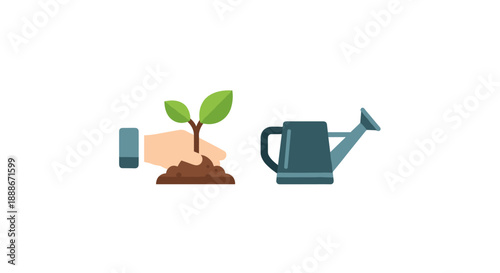 An illustrated depiction of a hand holding a small plant with soil, alongside a watering can, symbolizing growth, care, and the nurturing of new beginnings in a flat, minimalist style.