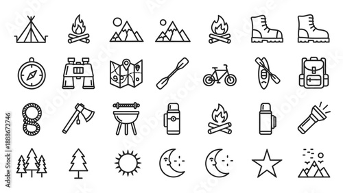 Camping Icons and Symbols Set.
