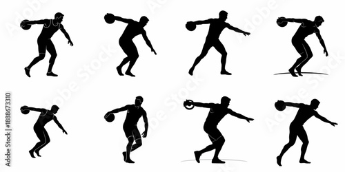 Collection of Discus Thrower Silhouettes: Male Athlete in Dynamic Poses Ready for Athletic Competition.