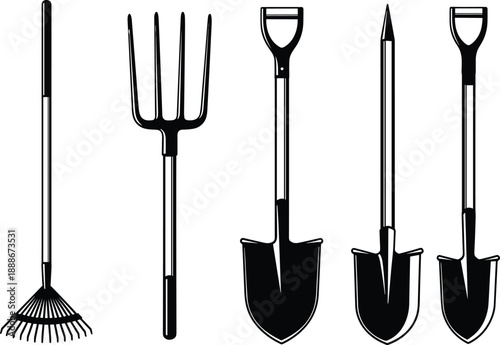 Garden tool icon set with black vector silhouettes of shovel rake pitchfork and spade for agriculture and landscaping