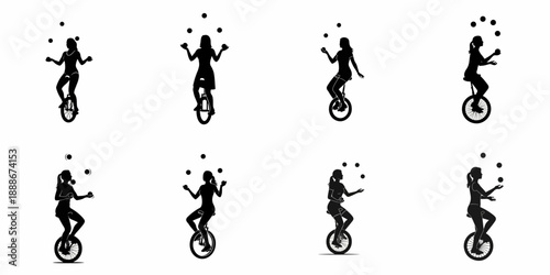 Collection of Black Silhouettes: Women Juggling Balls While Riding a Unicycle, Illustrating Circus Performance and Skill.