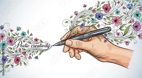 Hand holding pen creating poetic floral design with colorful flowers and leaves on white background