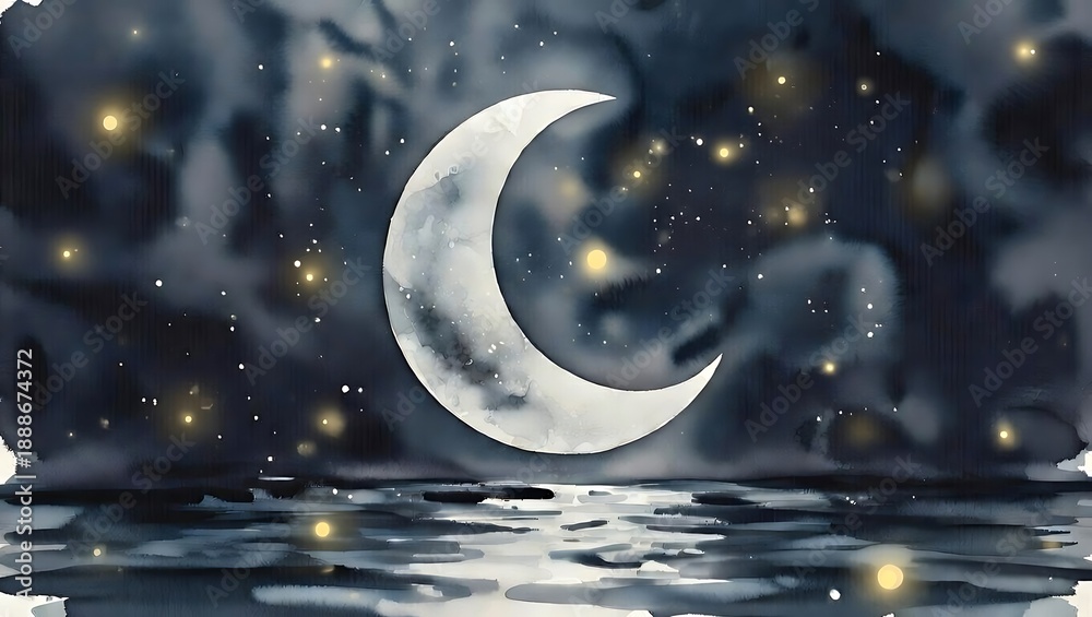 Naklejka premium Crescent Moon Over Reflective Water at Night with Bokeh Stars
