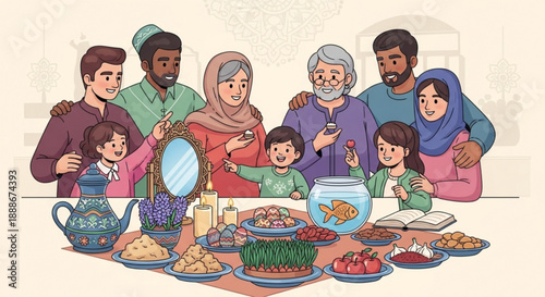 Diverse family gathering around a table with traditional food and drinks celebrating a special occasion or holiday with loved ones