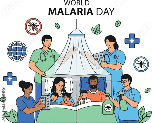 A vector illustration of healthcare workers and a family with children in a mosquito net, surrounded by malaria awareness symbols, on World Malaria Day. Perfect for health campaigns,