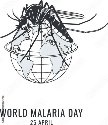 A vector illustration of a mosquito on a globe with lines, symbolizing World Malaria Day on April 25. Perfect for health campaigns, educational materials, and awareness posters.