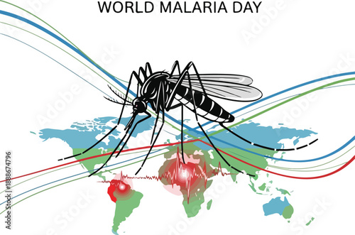 Vector illustration of a mosquito on a world map with colorful lines, highlighting World Malaria Day awareness. Perfect for health campaigns, educational materials, and public service