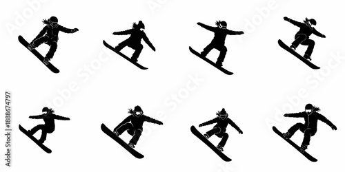 Set of eight black vector silhouettes of female snowboarders performing dynamic aerial maneuvers and jumps, isolated on a white background for design.