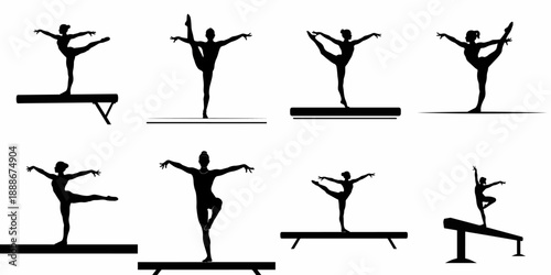 Collection of Black Silhouettes of Female Gymnasts in Various Balance and Extension Poses on and off the Beam, Isolated Vector Illustration
