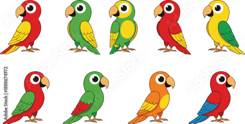Cute colorful cartoon parrot set with small tropical birds in simple flat vector illustration style for kids