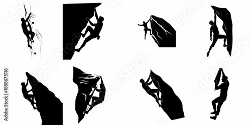 Vector set of rock climbing silhouettes. People bouldering on rocks and climbing walls. Extreme sport activity icons.