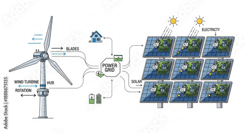 Renewable energy sources solar panels and wind turbine generating electricity for a house