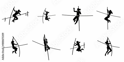 Vector collection of women pole vaulter silhouettes in different dynamic poses during the high jump competition.