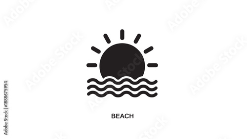 Simple black icon of a sun setting or rising over wavy water, representing a beach scene or vacation.