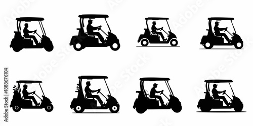 Golf cart driver silhouette collection, showing various poses and golf bag options on white background.