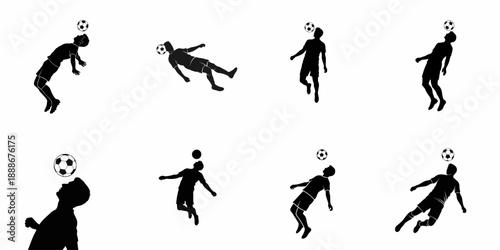 Collection of eight black silhouettes of soccer players in various poses heading the football, isolated on white background.
