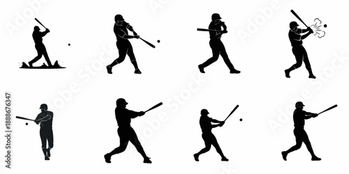 Dynamic Baseball Batters Silhouettes Set: Vector collection showing players swinging, hitting the ball, and various action poses for sports design.