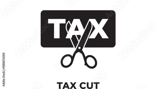Stylized graphic illustration of scissors cutting the word TAX in half, symbolizing tax reduction or cut. Simple flat design icon.