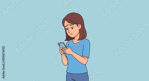 Worried young woman holding a smartphone, looking at the screen with a sad expression, isolated on a light blue background.