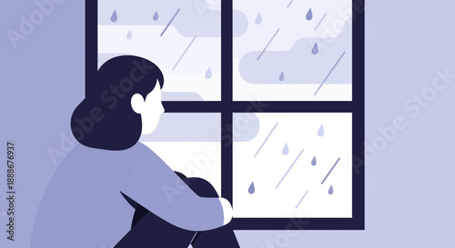 A solitary person in silhouette gazes out a window at a rainy day, expressing feelings of sadness and loneliness.
