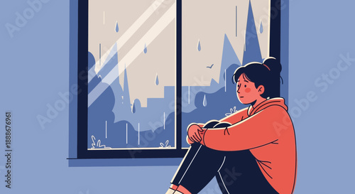 A lonely girl looking out a rainy window, lost in thought, with a city view.