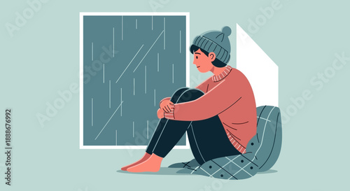 A young person in a beanie and sweater sits indoors, hugging their knees while looking out at the rainy weather through a window.